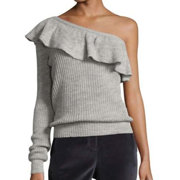 REBECCA TAYLOR One Shoulder Alpaca Wool Ruffle Knit Pullover Sweater Grey Medium - Picture 3 of 12